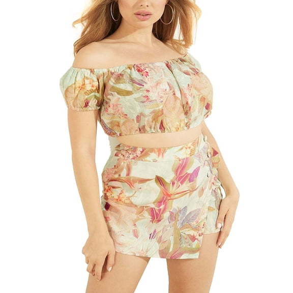 GUESS Women's Polina Printed Cropped Top Green Size Medium