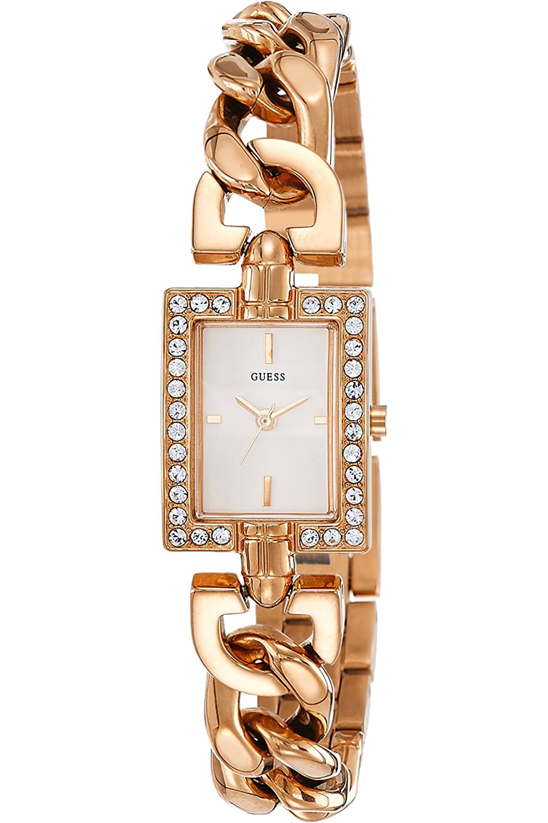 GUESS Women's W0540L3,Petite Dress Elegant,Stainless Steel Case,Rose Gold Tone,Crystal Accented Bezel,Silver Dial,WR