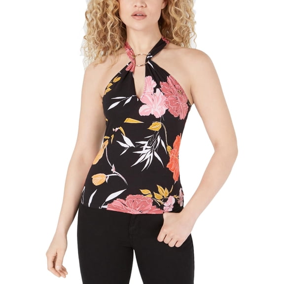 GUESS Womens Black Floral Sleeveless Halter Tank Top XS