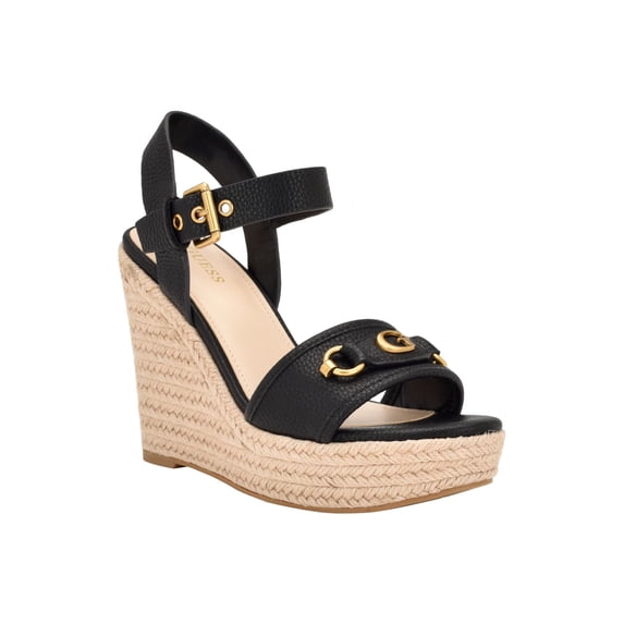 GUESS Womens Black Hardware Padded Hisley Almond Toe Wedge Buckle Heeled Sandal 6.5 M