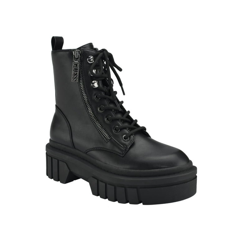 GUESS Womens Black Iridescent Lace Up Padded Pull Tab Lug Sole Zipper Accent Ferina Round Toe Block Heel Zip Up Combat Boots 11 M