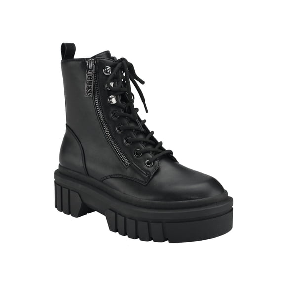 GUESS Womens Black Iridescent Lace Up Padded Pull Tab Lug Sole Zipper Accent Ferina Round Toe Block Heel Zip-Up Combat Boots 7.5 M