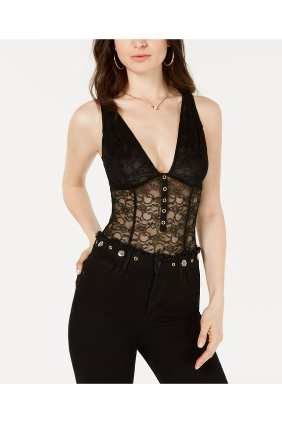 Womens Black Lace Sleeveless V Neck Body Suit Top  Size XL