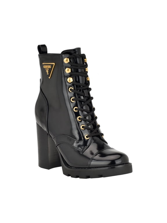 Womens Black Lace Up Gold Tone Logo Hardware Heel Pull-Tab Lug Sole Padded Neadyn Cap Toe Block Heel Zip-Up Boots Shoes 5