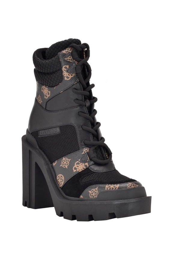 Womens Black Logo Lug Sole Tadbit Round Toe Block Heel Lace-Up Heeled Boots 7.5 M