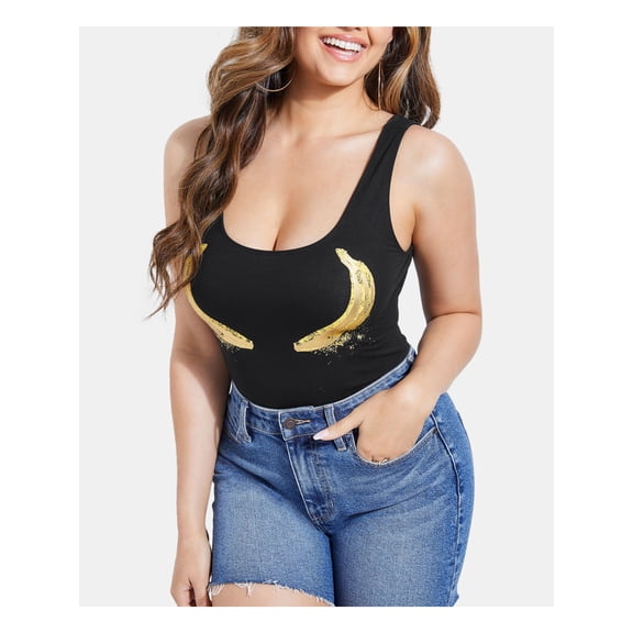 GUESS Womens Black Printed Sleeveless Scoop Neck Body Suit Top Size: M
