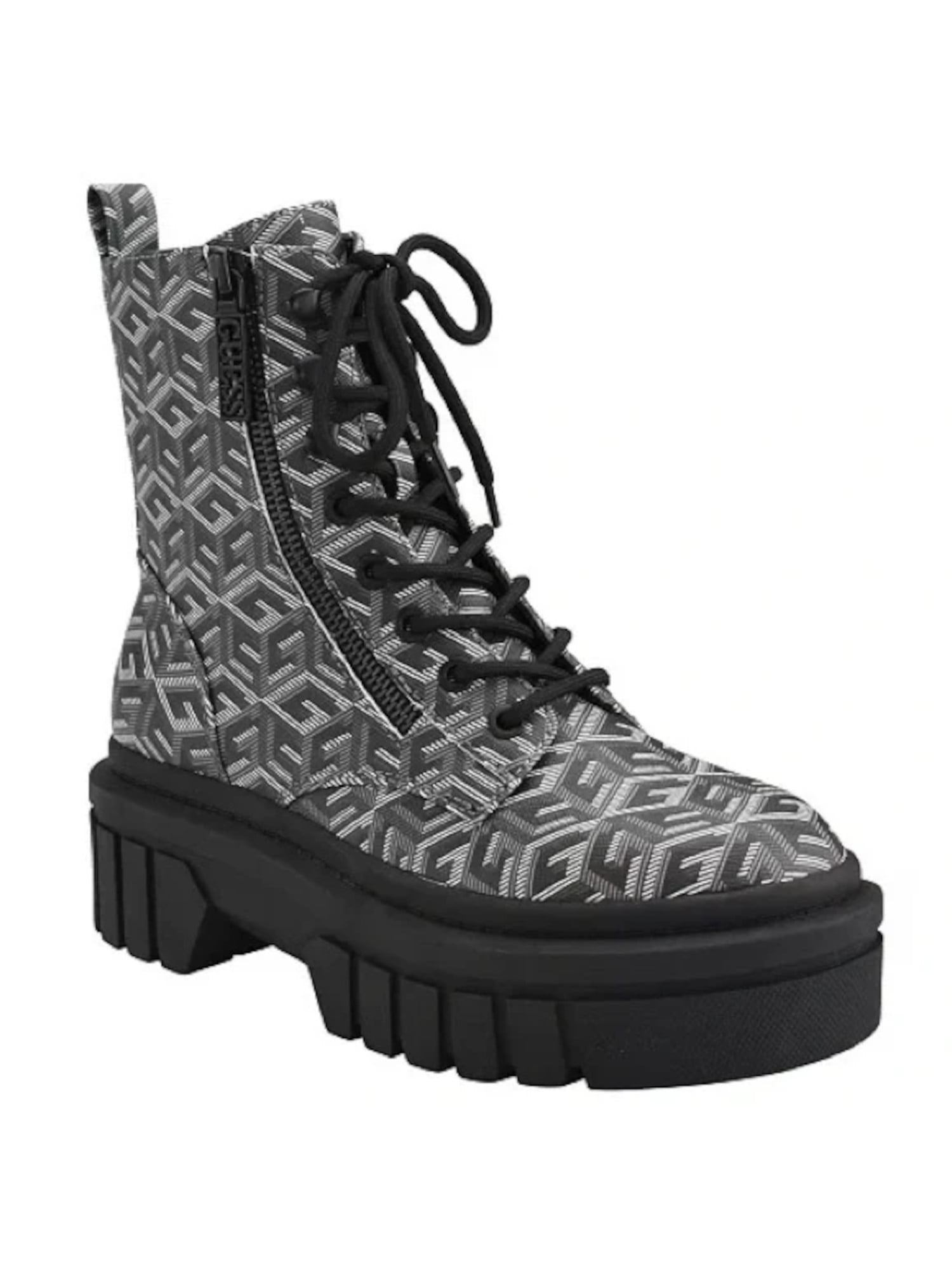 GUESS Womens Black Printed Zipper Lug Sole Ferina Round Toe LaceUp