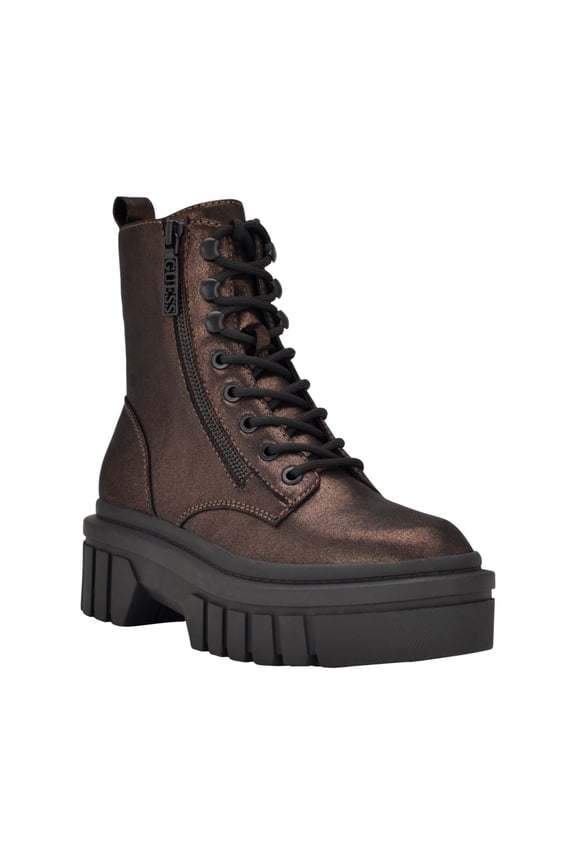 Womens Bronze Brown 1-1/2" Platform Lace Up Faux Zipper Padded Ferina Round Toe Block Heel Zip-Up Combat Boots 5 M