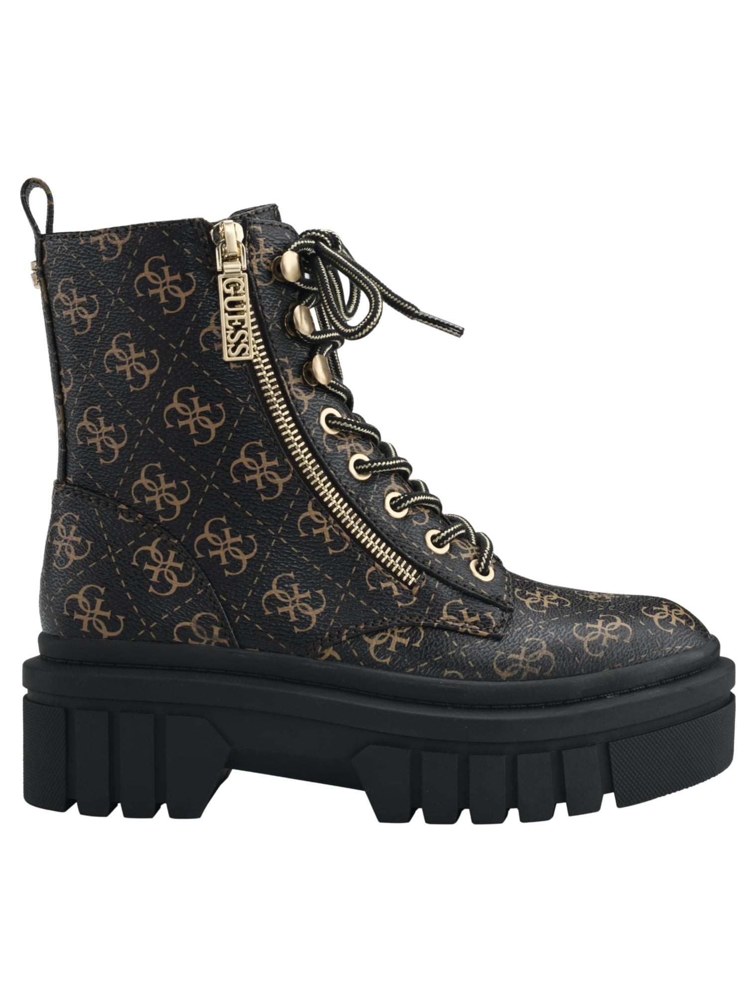 GUESS Womens Brown Logo Zipper Lug Sole Fearne Round Toe LaceUp Combat