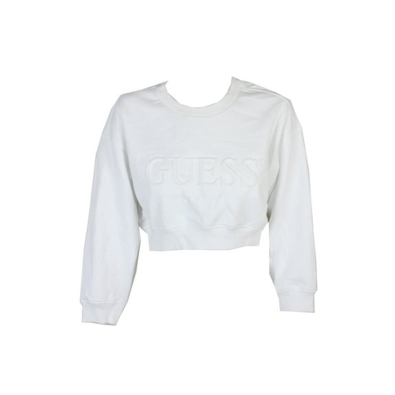 GUESS Womens Cropped Logo Sweatshirt, White, Medium