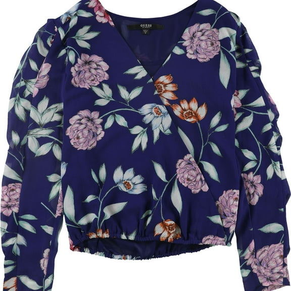 GUESS Womens Eliza Surplice Kimono Top Blouse, Blue, Small