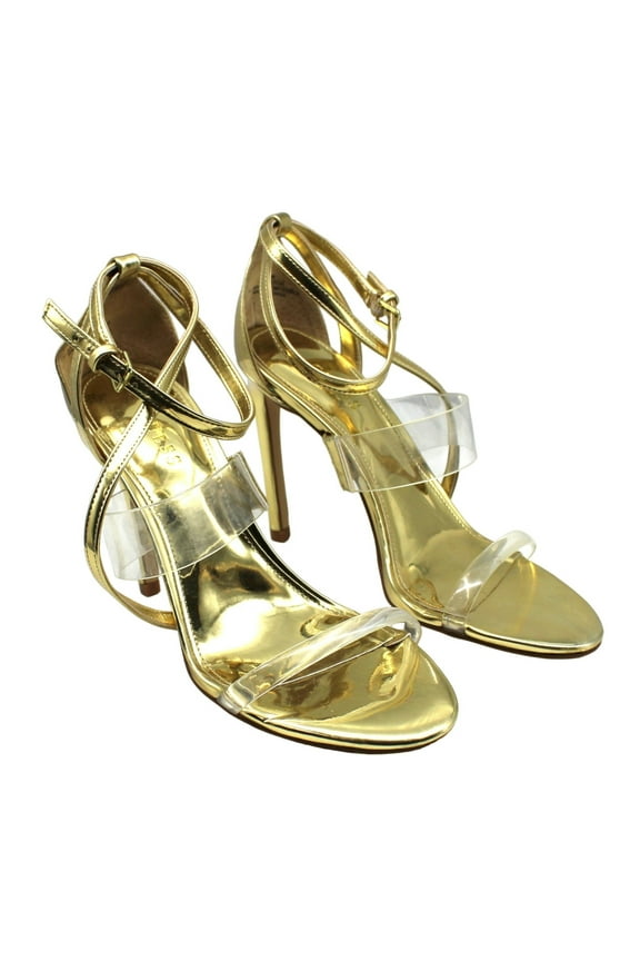 Womens Gold Transparent Metallic Goring Strappy Padded Adjustable Ankle Strap Felecia Almond Toe Stiletto Buckle Heeled Sandal 6 M