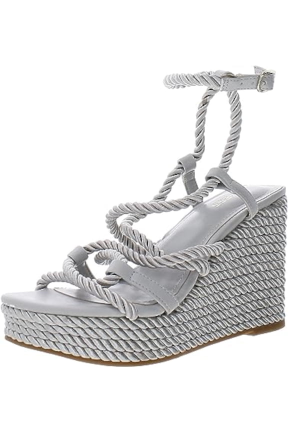 Womens Gray Textured Rope Wrapped 1" Platform Padded Adjustable Ankle Strap Natesha Round Toe Wedge Buckle Heeled Sandal 7 M