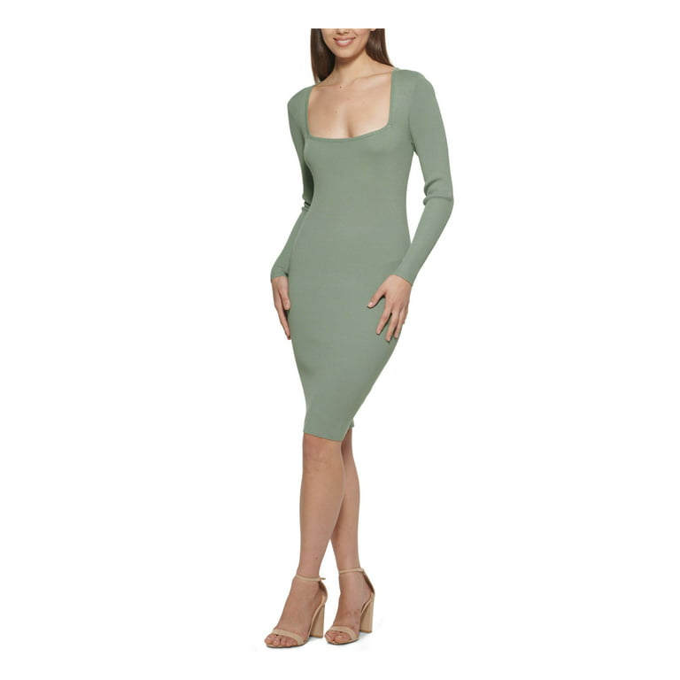 GUESS Womens Green Knit Ribbed Fitted Body Con Long Sleeve Square Neck  Below The Knee Cocktail Sweater Dress XL