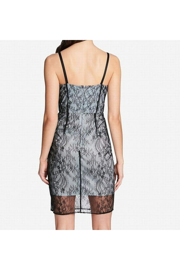 Womens Lace Spaghetti Strap V Neck Above The Knee Cocktail Sheath Dress Size 4 Color Blue