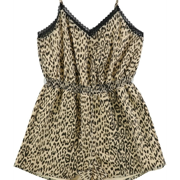 GUESS Womens Leopard Print Romper Jumpsuit, Beige, Small