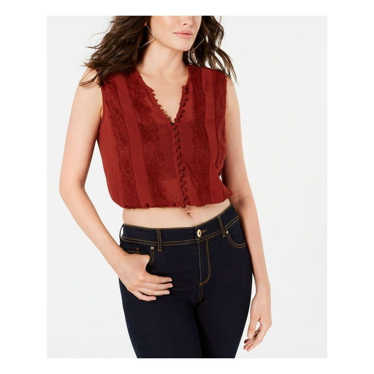 GUESS Womens Maroon Lace Patterned Cap Sleeve V Neck Crop Top M