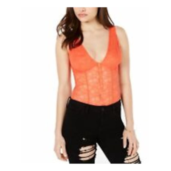 GUESS Womens Orange Lace Plunging Neckline Bodysuit Size: M