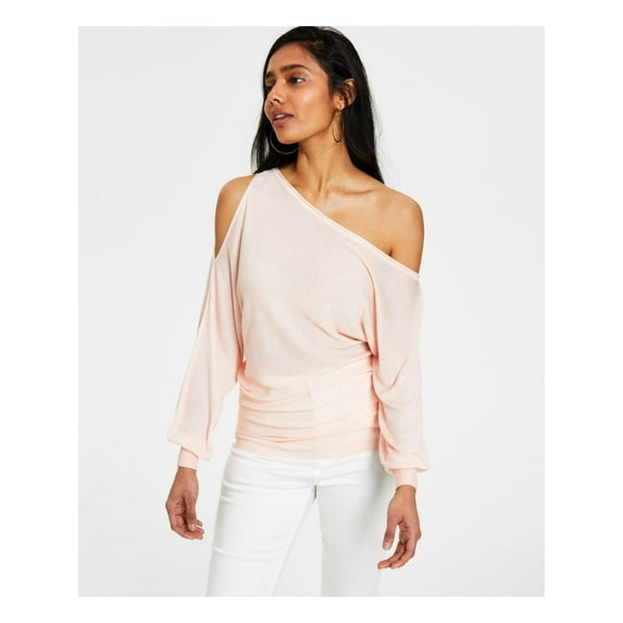 GUESS Womens Pink Cold Shoulder Ribbed Sheer Pullover Unlined Logo Long Sleeve Asymmetrical Neckline Sweater M