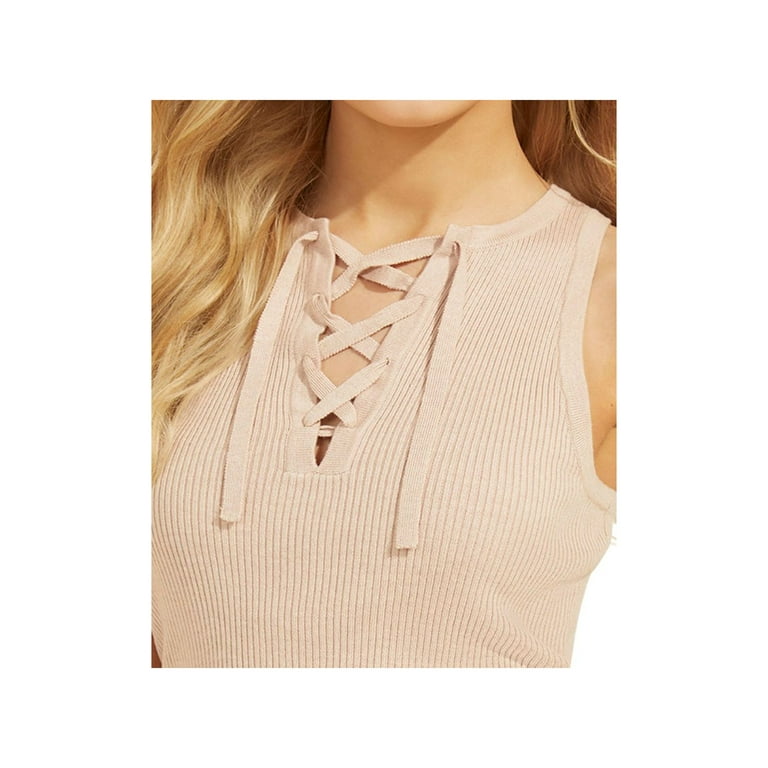 GUESS Womens Pink Ribbed Lace up Detail Front Sleeveless Jewel