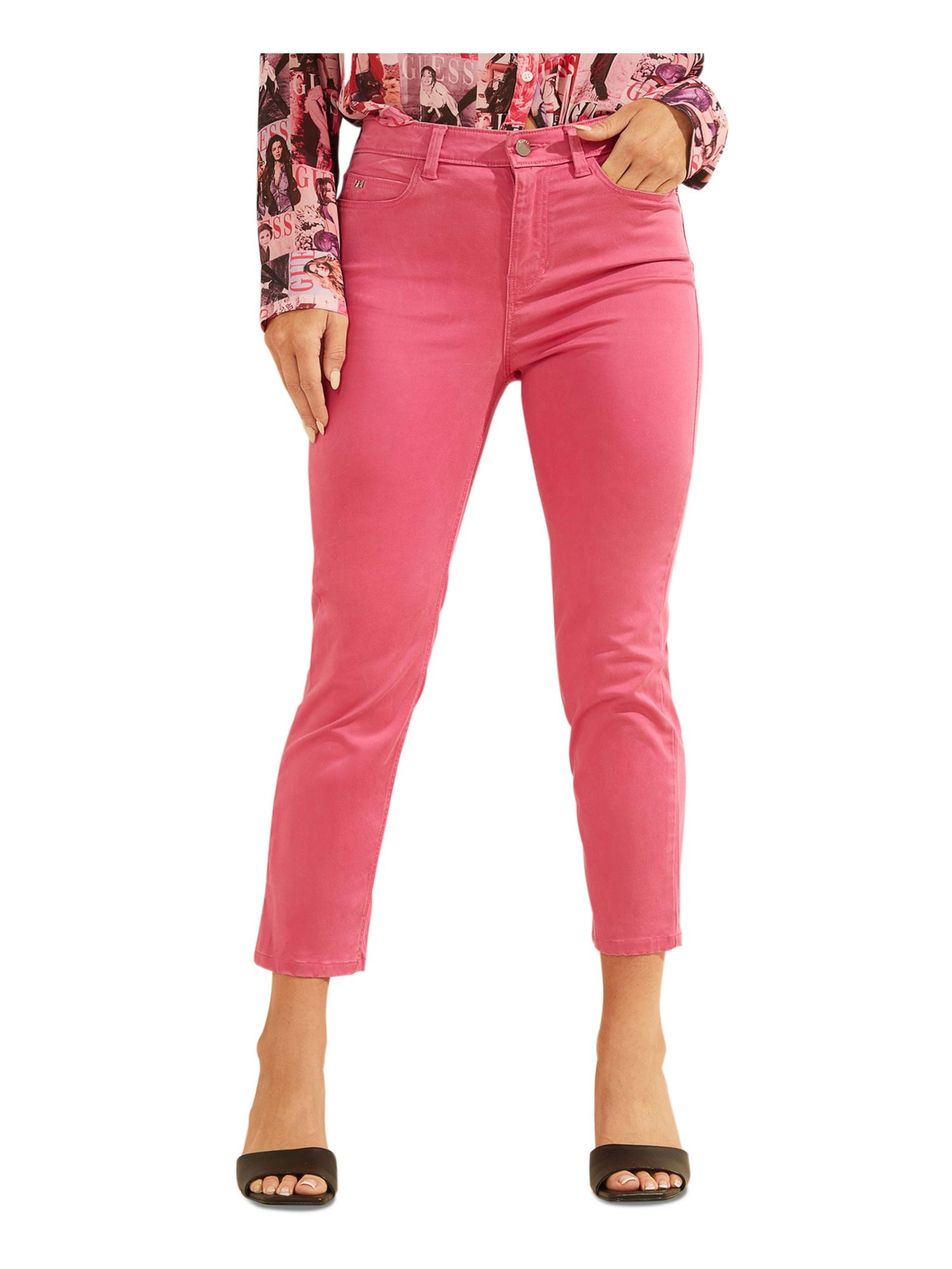 GUESS Womens Pink Stretch Pocketed Zippered High-rise Capri Skinny