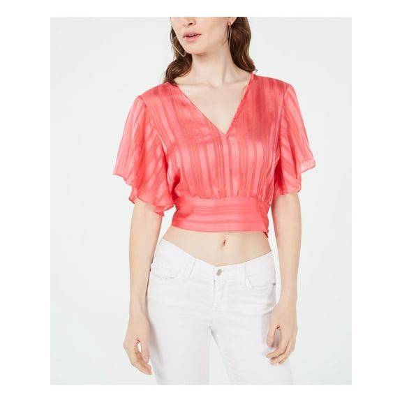 GUESS Womens Pink Striped Short Sleeve V Neck Crop Top Size: S