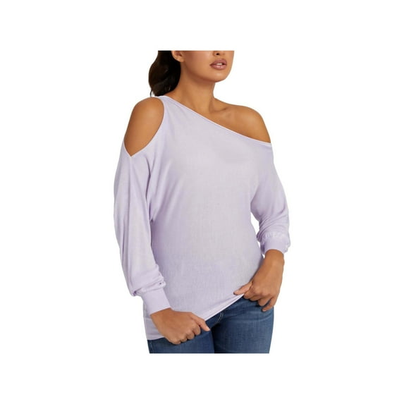 GUESS Womens Purple Cold Shoulder Ribbed Sheer Pullover Unlined Logo Long Sleeve Asymmetrical Neckline Sweater L