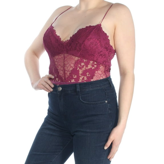 GUESS Womens Purple Lace Spaghetti Strap V Neck Body Suit Party Top L