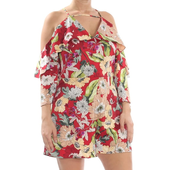 GUESS Womens Red Floral Print Ruffled V Neck Casual Romper XS