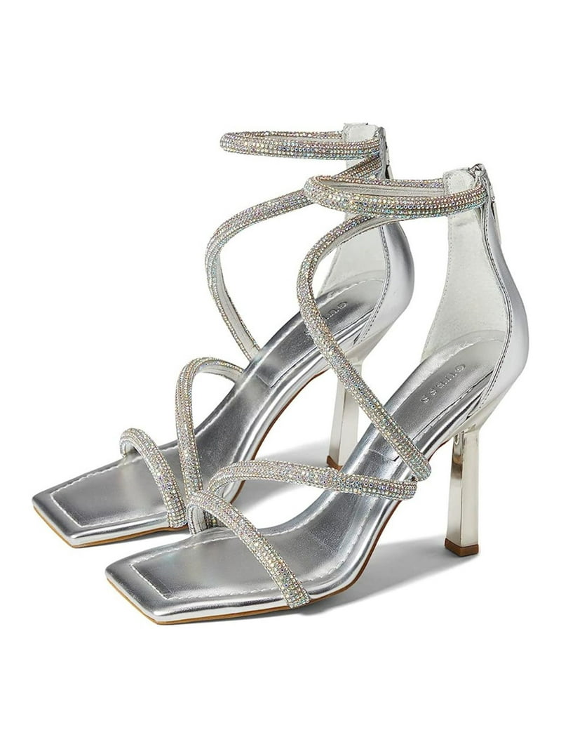 GUESS Womens Silver Metallic Heel Strappy Padded Rhinestone