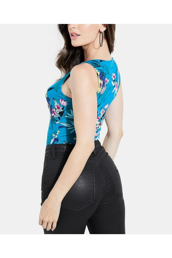 Womens Teal Floral Sleeveless V Neck Body Suit Top Size: M