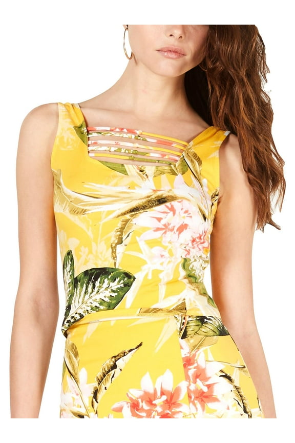 Womens Yellow Tank Floral Sleeveless Square Neck Crop Top Size: XL