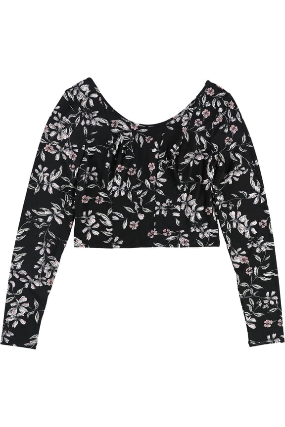 Womens Zip-Back Floral Crop Top Blouse, Black, Medium