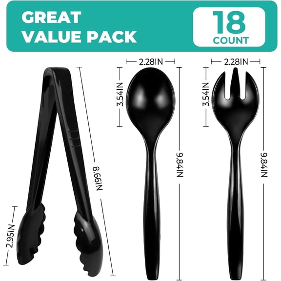 GUFENG-Disposable Plastic Serving Utensils Set 18-Piece, Including 6 Black Plastic Serving Spoons, 6 Tongs & 6 Forks, Disposable Serving Utensils For Catering Buffets Events (Black, 18pcs Utensils)