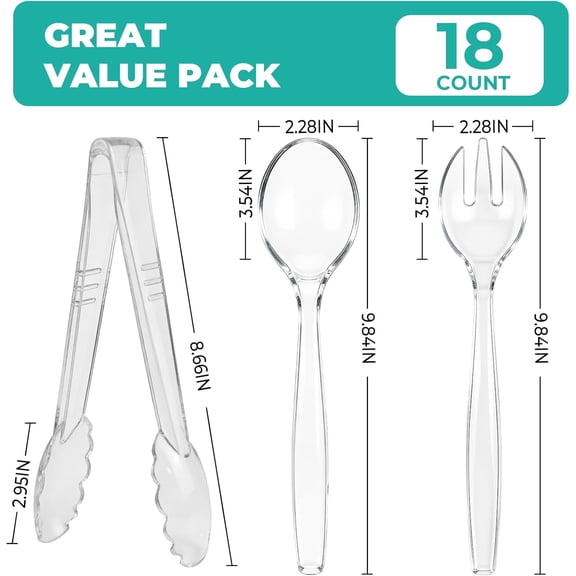 GUFENG-Disposable Plastic Serving Utensils Set 18-Piece, Including 6 Clear Plastic Serving Spoons, 6 Tongs & 6 Forks, Disposable Serving Utensils For Catering Buffets Events (Clear, 18pcs Utensils)