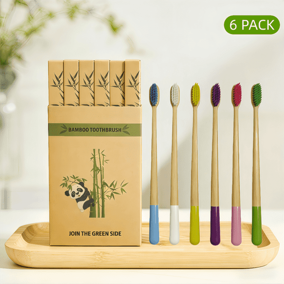 GUFICLE 6-Pack Bamboo Toothbrushes, Eco-Friendly Castor Oil Bristles, Biodegradable Natural Manual Toothbrush Set for Adults