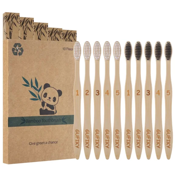 GUFICLE Eco-Friendly Bamboo Toothbrush, Flat Handle Soft Plant-Based Bristles Adult Manual Toothbrush, 10 Count