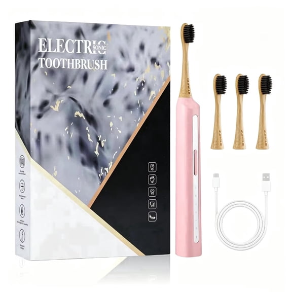 GUFICLE Sonic Bamboo Electric Toothbrush for Adults, 5 Modes ,IPX7 Waterproof,with 4 Biodegradable Bamboo Brush Heads, Pink