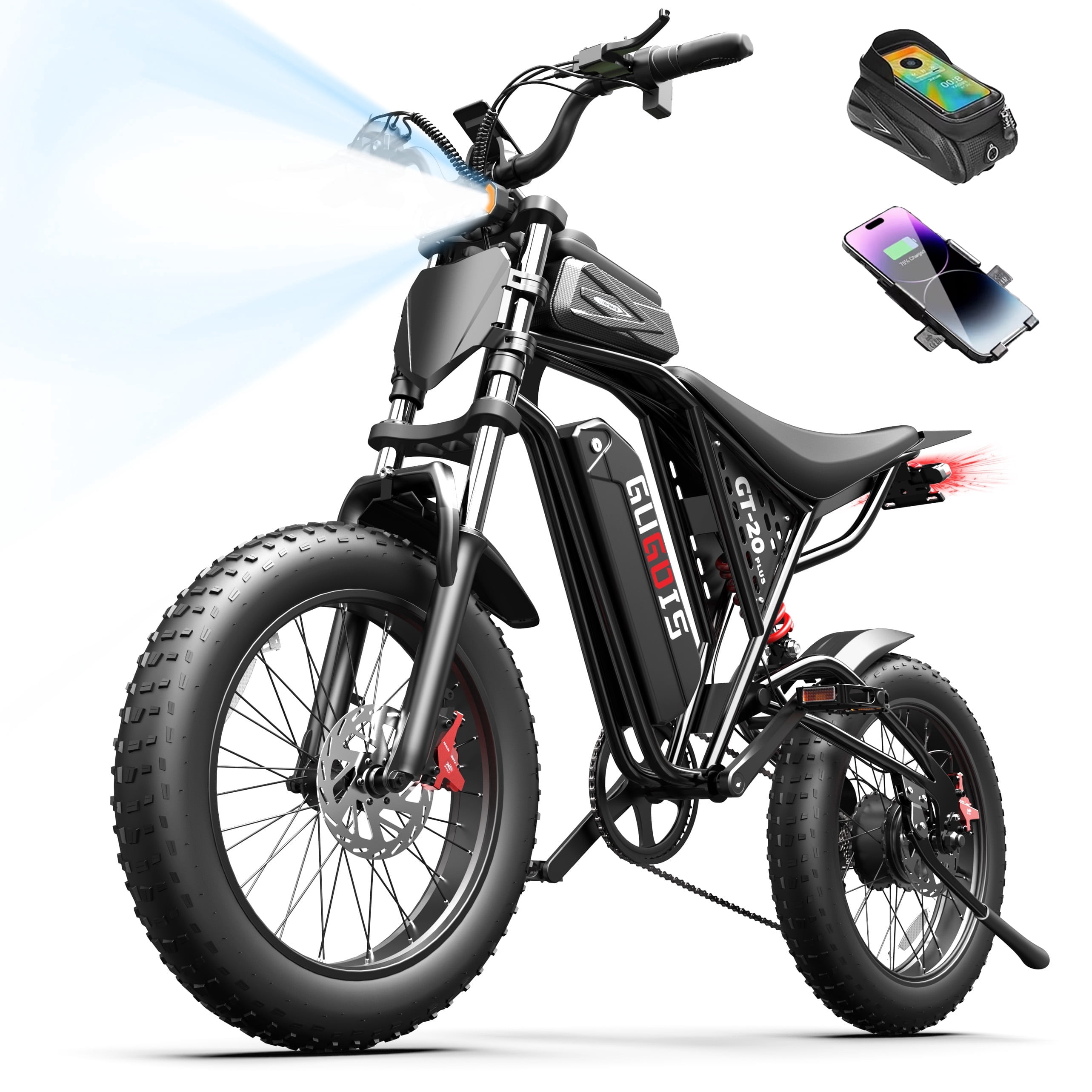 GugoIs 2000W Peak Electric Bike for Adults, 20" * 4.0 Fat Tire Electric Dirt Bike, 48V 20Ah Removable Battery Mountain Ebike, Full Suspension with Phone Holder & Bag, off-road, UL2849