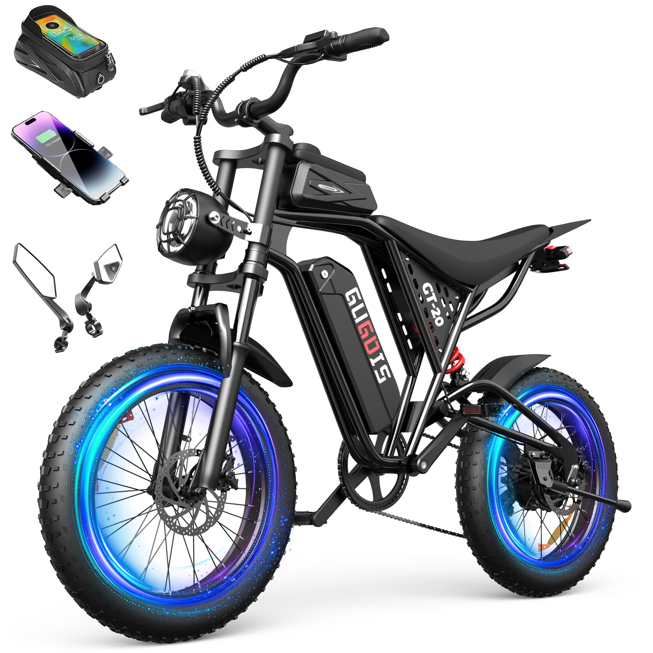 GugoIs 1000W Peak Electric Bike for Adults, 20" Fat Tire Electric Dirt Bike, 48V 15.6Ah Battery Mountain Ebike with View Mirror, Phone Holder & Bag, off-road UL2849
