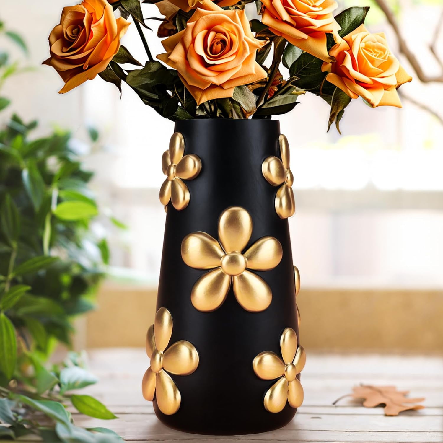 GUGUGO Black and Gold Vase for Flower, 8 Inch Tall Unique Black Vases
