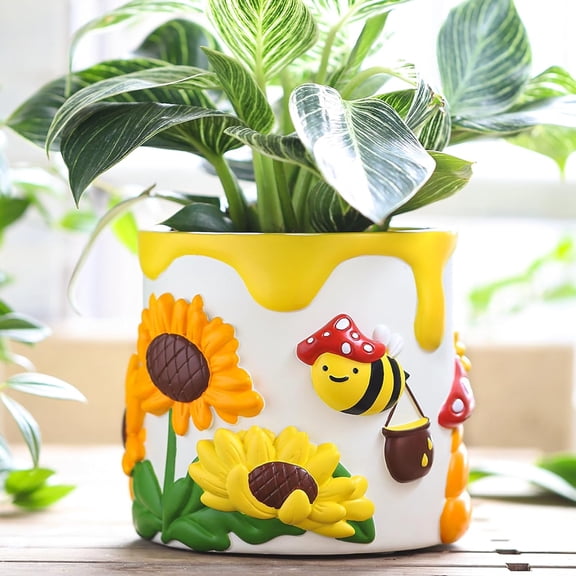 GUGUGO Colorful Bees and Sunflowers Plant Pots, Cute Unique Succulent Planters with Drainage, Rainbow Small Mushrooms Flower Planters Pots for Indoor Plants, Funny Eclectic Home Décor