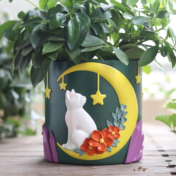 GUGUGO Colorful Moon Cat Plant Pots, Cute Unique Succulent Planters with Drainage, Rainbow Small Colorful Flower Planters Pots for Indoor Plants, Funny Eclectic Home Décor (B, Green, 5Inch)