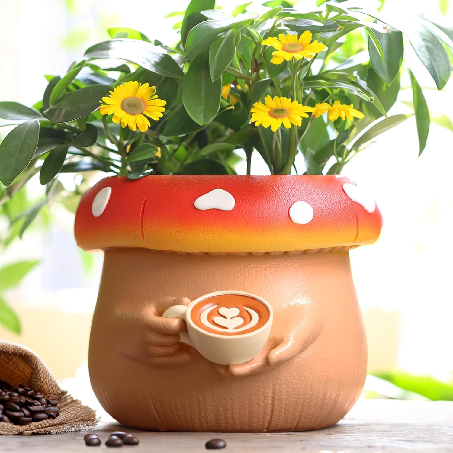 GUGUGO Cute Coffee Mushroom Planter, Colorful Plant Pot with Drainage People Drinking Coffee Cup, Unique Small Body Flower Planters Pots for Indoor Plants, Funny Eclectic Succulent Gardening Gifts B