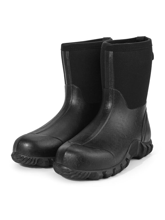 Rubber Boots for Men Waterproof, Mid Calf Rain Boots with Insulated 7 mm Neoprene, Lightweight 10” Mud Work Boots for Fishing Hunting Farming Gardening