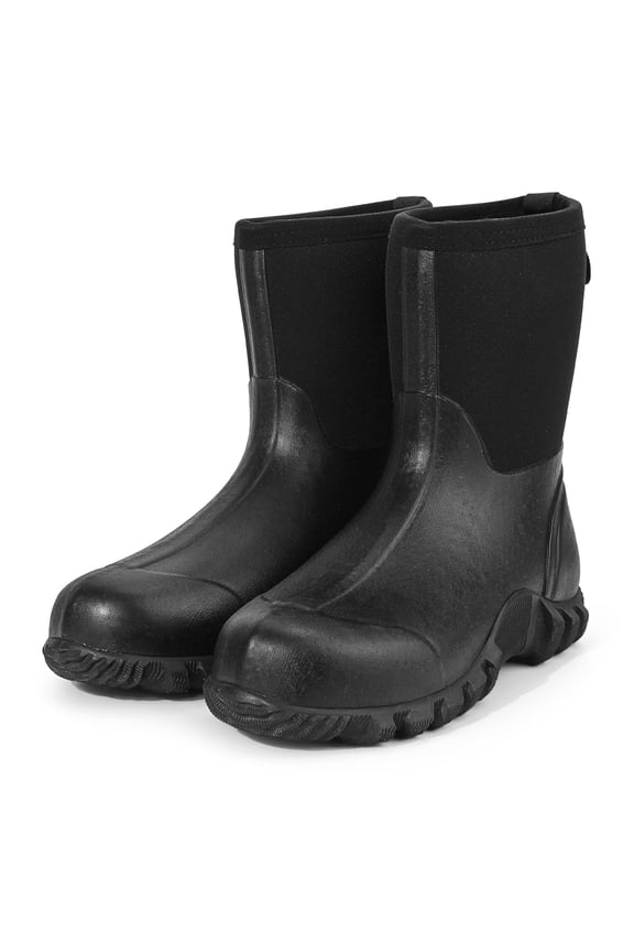 Rubber Boots for Men Waterproof, Mid Calf Rain Boots with Insulated 7 mm Neoprene, Lightweight 10” Mud Work Boots for Fishing Hunting Farming Gardening