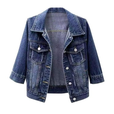 GUIGUI Women's Autumn 3/4 Sleeve Retro Short Denim Jackets Blue Jean Coats Denim Jean Jacket with Pockets Plus Size Classic Washed Front Frayed Denim Jacket Clearance! (Size: 3XL
