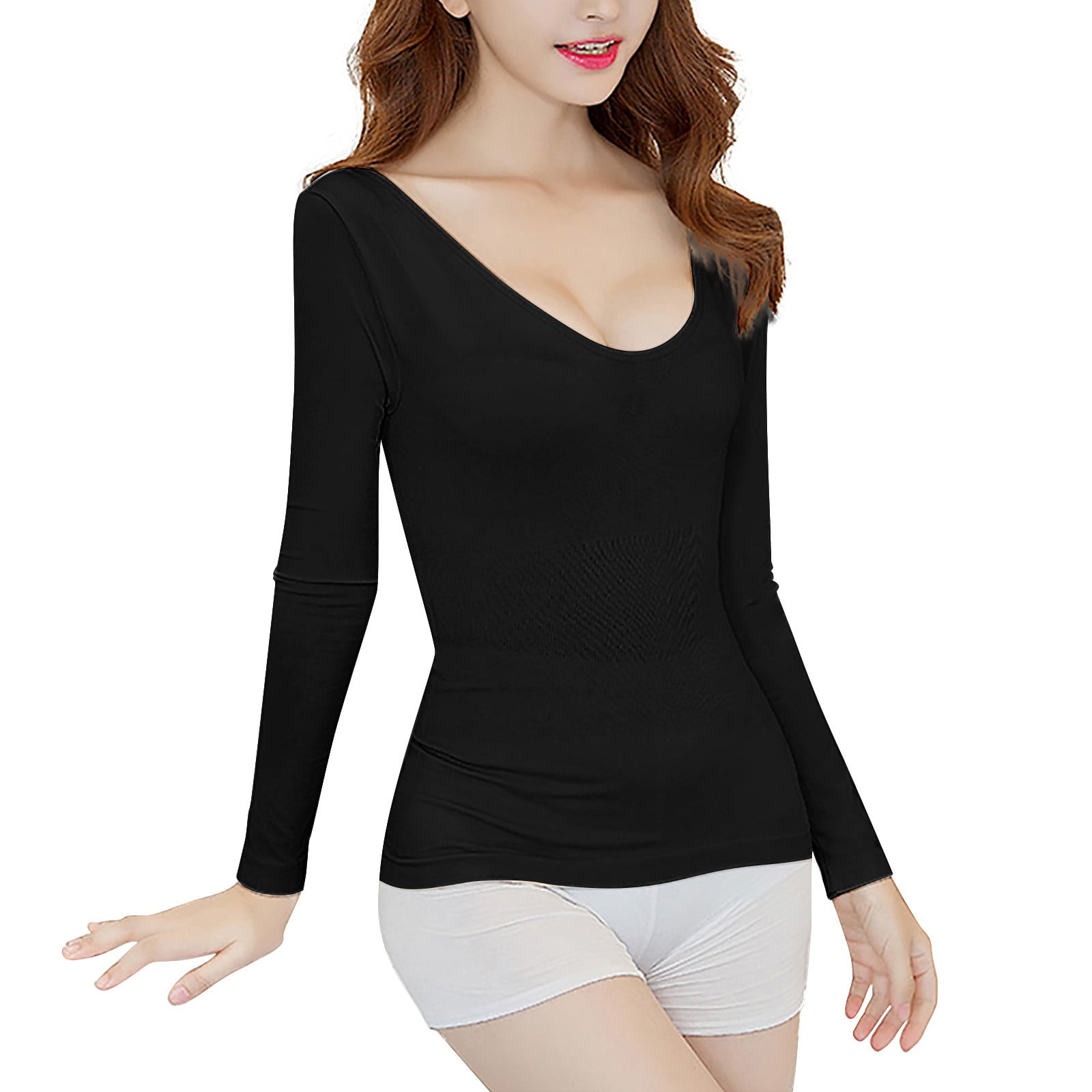 GUIGUI Women's Base Layer Top Thin Deep V-Neck Seamless Thermal Long Sleeve  Undershirt For Women Black One Size