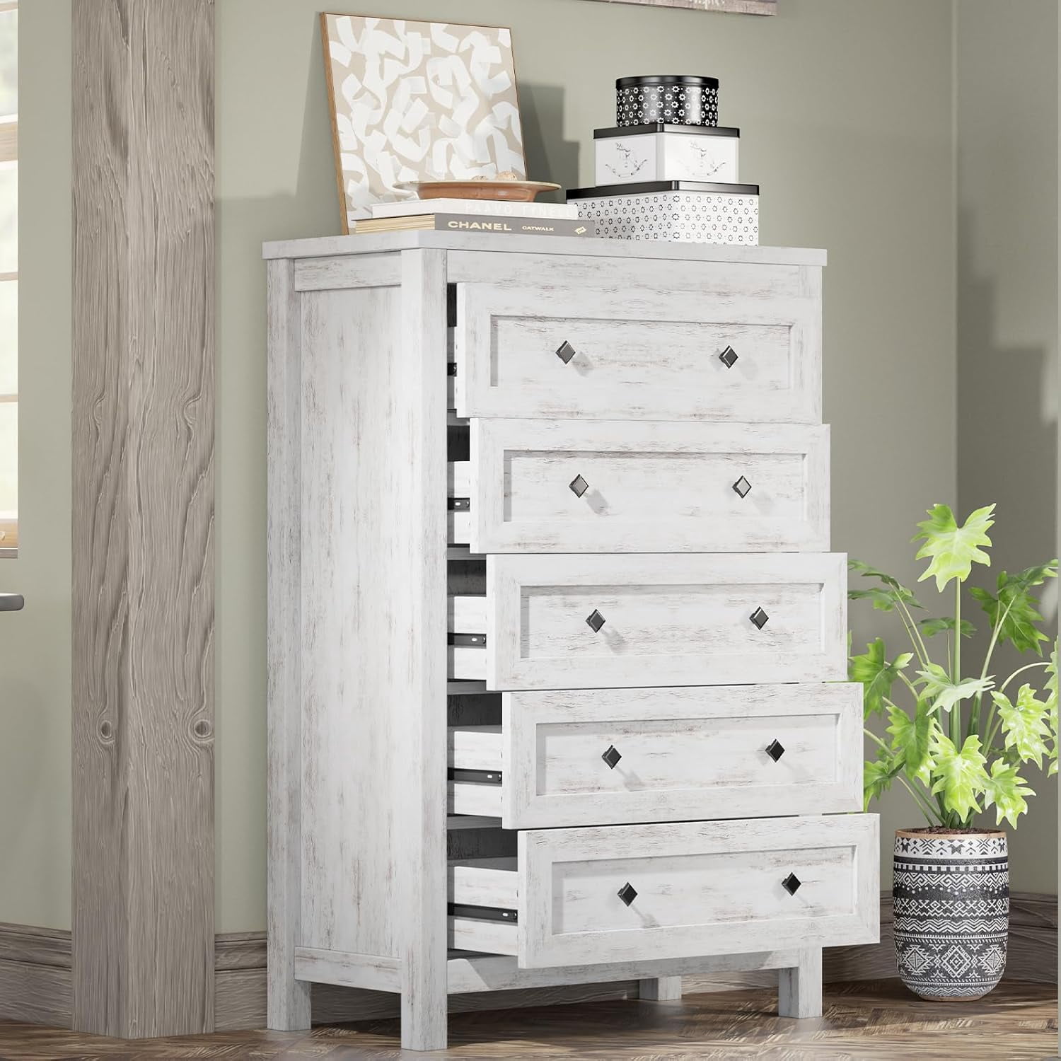 GUIONIPY Farmhouse 5 Drawers Dresser for Bedroom Wood 47" Tall Dresser ...