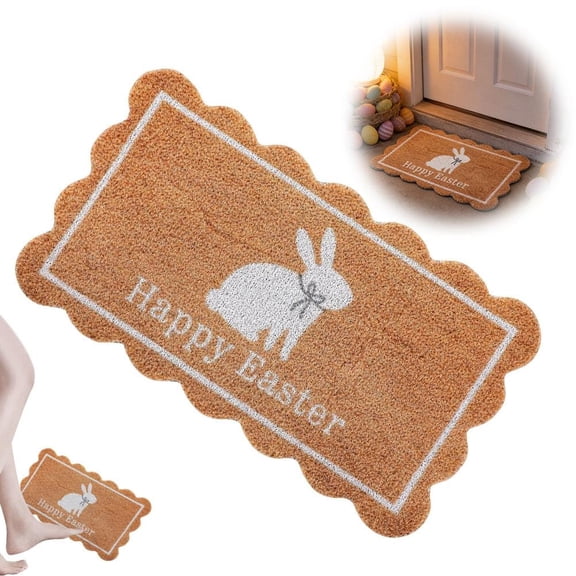 GUIREN Easter Doormat Happy Easter White Bunny Coir Door Mat Outdoor Natural Rabbit Welcome Non-Slip Front Mat Decorative Rugs Gifts, for Indoor Home Farmhouse Entrance Porch Spring Party Decor